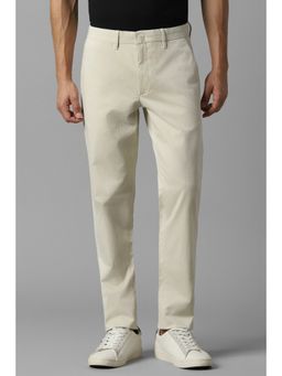 Louis Philippe - Men Cream Slim Fit Solid Flat Front Casual Trousers