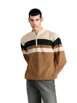 Cantabil - Men Khaki Color Block Full Sleeves Casual Sweater
