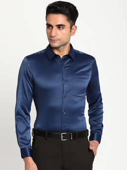 Turtle - Men Poly Satin Slim Fit Blue Solid Full Sleeve Party Shirt