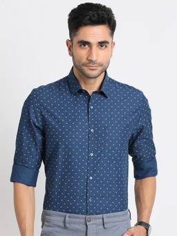 Turtle - Men 100% Cotton Slim Fit Blue Printed Full Sleeve Formal Shirt