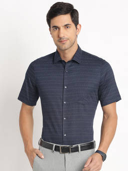 Turtle - Men 100% Cotton Regular Fit Navy Blue Printed Half Sleeve Formal Shirt