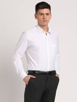 Turtle - Men 100% Cotton Slim Fit White Self Design Full Sleeve Formal Shirt