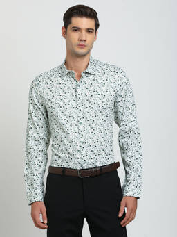 Turtle - Men Cotton Tencel Slim Fit Green Printed Full Sleeve Party Shirt