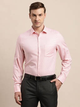 Turtle - Men 100% Cotton Slim Fit Light Pink Self Design Full Sleeve Formal Shirt