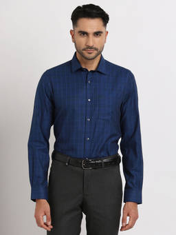 Turtle - Men 100% Cotton Slim Fit Blue Checkered Full Sleeve Formal Shirt