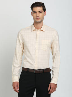 Turtle - Men 100% Cotton Slim Fit Beige Checkered Full Sleeve Formal Shirt