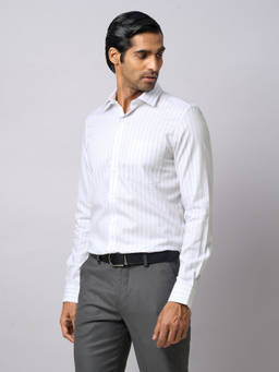 Turtle - Men 100% Cotton Slim Fit Off White Stripes Full Sleeve Formal Shirt