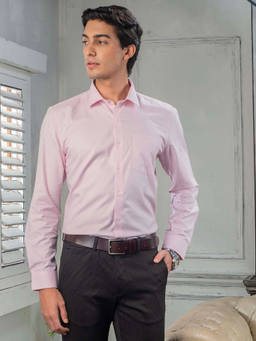 Turtle - Men 100% Cotton Slim Fit Light Pink Self Design Full Sleeve Formal Shirt