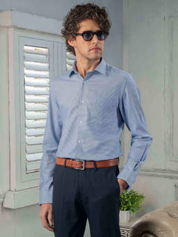 Turtle - Men 100% Cotton Slim Fit Blue Self Design Full Sleeve Formal Shirt