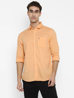 Turtle - Men Cotton Linen Slim Fit Orange Solid Full Sleeve Casual Shirt