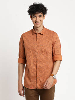 Turtle - Men 100% Cotton Slim Fit Orange Printed Full Sleeve Casual Shirt