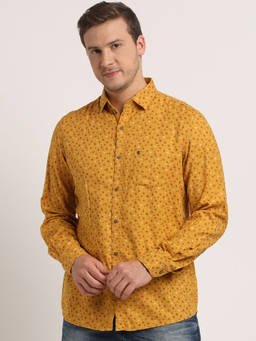 Turtle - Men Cotton Lyocell Slim Fit Mustard Printed Full Sleeve Casual Shirt