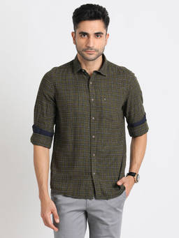 Turtle - Men 100% Cotton Slim Fit Olive Green Checkered Full Sleeve Casual Shirt