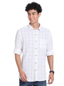 Turtle - Men Khadi Slim Fit White Checkered Full Sleeve Casual Shirt