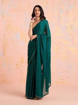 Likha - Green Satin Solid Embellished and Sequined Saree with Unstitched Blouse LIKSAR19 (Free Size)
