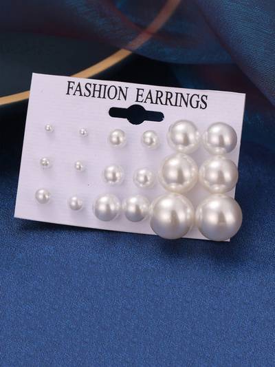 White Silver Plated Stud Earrings Set of 9