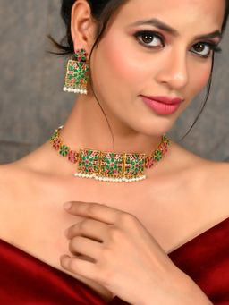 Silvermerc Designs - Gold Plated Red and Pink American Diamond Floral Jewellery Set