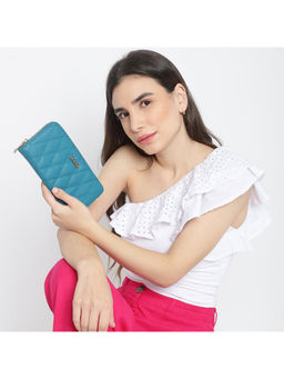 KLEIO - Quilted PU Leather BI Fold Zip Closure Multi Pockets and Slots Clutch Wallet-Turquoise