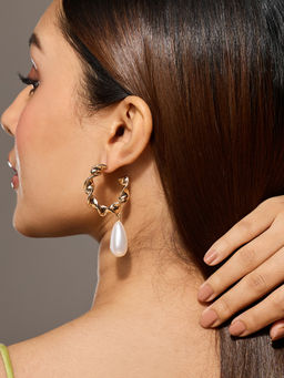 Pipa Bella by Nykaa Fashion - Gold Intertwined Pearl Drop Hoop Earrings