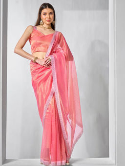 Odette - Peach Net Embellished Saree with Unstitched Blouse