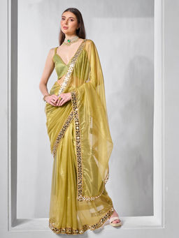 Odette - Green Net Solid Saree with Unstitched Blouse