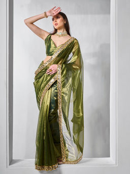 Odette - Olive Net Solid Saree with Unstitched Blouse