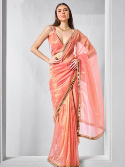 Odette - Orange Net Solid Saree with Unstitched Blouse
