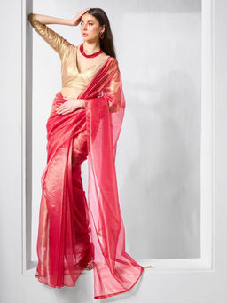 Odette - Red Net Solid Saree with Unstitched Blouse