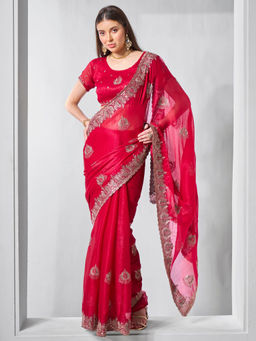 Odette - Red Chiffon Embroidered Saree with Unstitched Blouse
