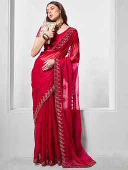 Odette - Red Chiffon Embroidered Saree with Unstitched Blouse