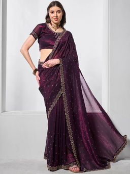 Odette - Wine Chiffon Embroidered Saree with Unstitched Blouse