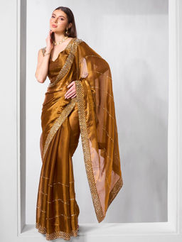 Odette - Brown Embroidered Saree with Unstitched Blouse