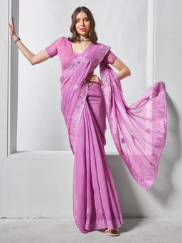 Odette - Purple Chiffon Embroidered Saree with Unstitched Blouse