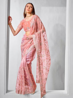 Odette - Peach Net Embroidered Saree with Unstitched Blouse