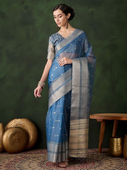 Odette - Blue Woven Saree with Unstitched Blouse