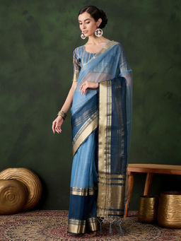 Odette - Blue Woven Saree with Unstitched Blouse