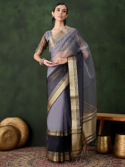 Odette - Grey Woven Saree with Unstitched Blouse