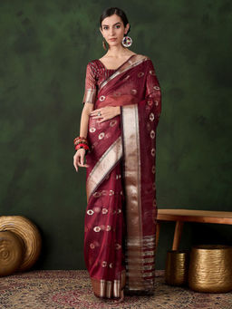 Odette - Maroon Woven Saree with Unstitched Blouse