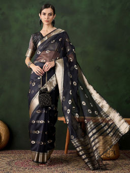 Odette - Navy Blue Woven Saree with Unstitched Blouse