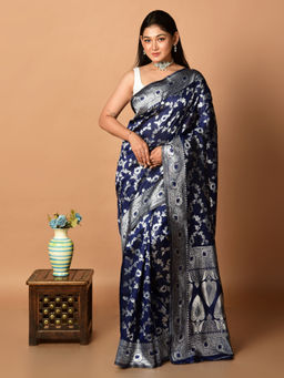 LAA CALCUTTA - Navy Blue Silk Banarasi Saree Without Blouse