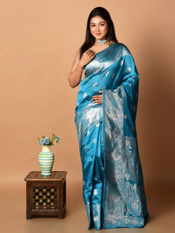 LAA CALCUTTA - Blue Semi Pure Silk Saree Without Blouse