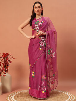 Meeranshi - Magenta Hand Printed Saree with Unstitched Blouse