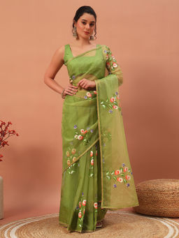 Meeranshi - Pistachio Green Hand Printed Saree with Unstitched Blouse