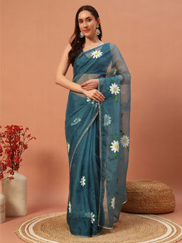 Meeranshi - Teal Hand Printed Saree with Unstitched Blouse