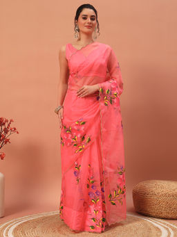 Meeranshi - Pink Hand Printed Saree with Unstitched Blouse