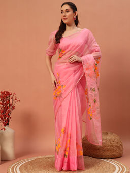 Meeranshi - Pink Hand Printed Saree with Unstitched Blouse