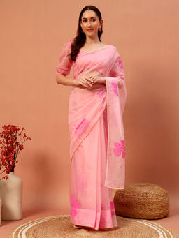 Meeranshi - Baby Pink Hand Printed Saree with Unstitched Blouse