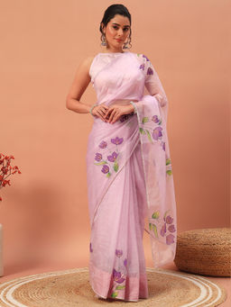 Meeranshi - Lavender Hand Printed Saree with Unstitched Blouse