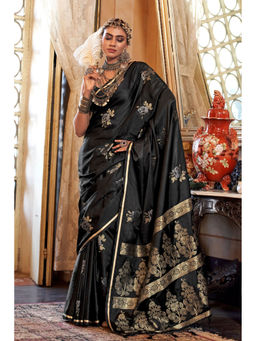 Mysilklove - Grease Black Banarasi Satin Saree with Unstitched Blouse