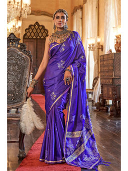 Mysilklove - Neon Blue Banarasi Satin Saree with Unstitched Blouse